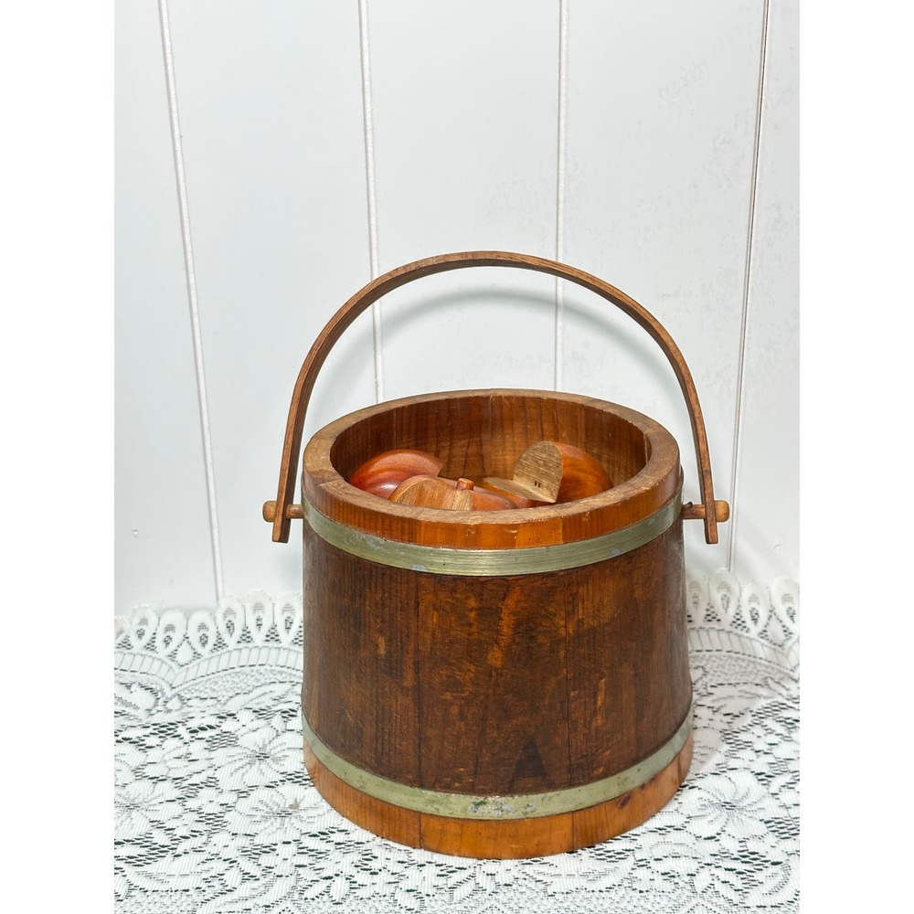 Vintage Wooden Bucket Primitive Stave Pail with Metal Bands and Swing Handle